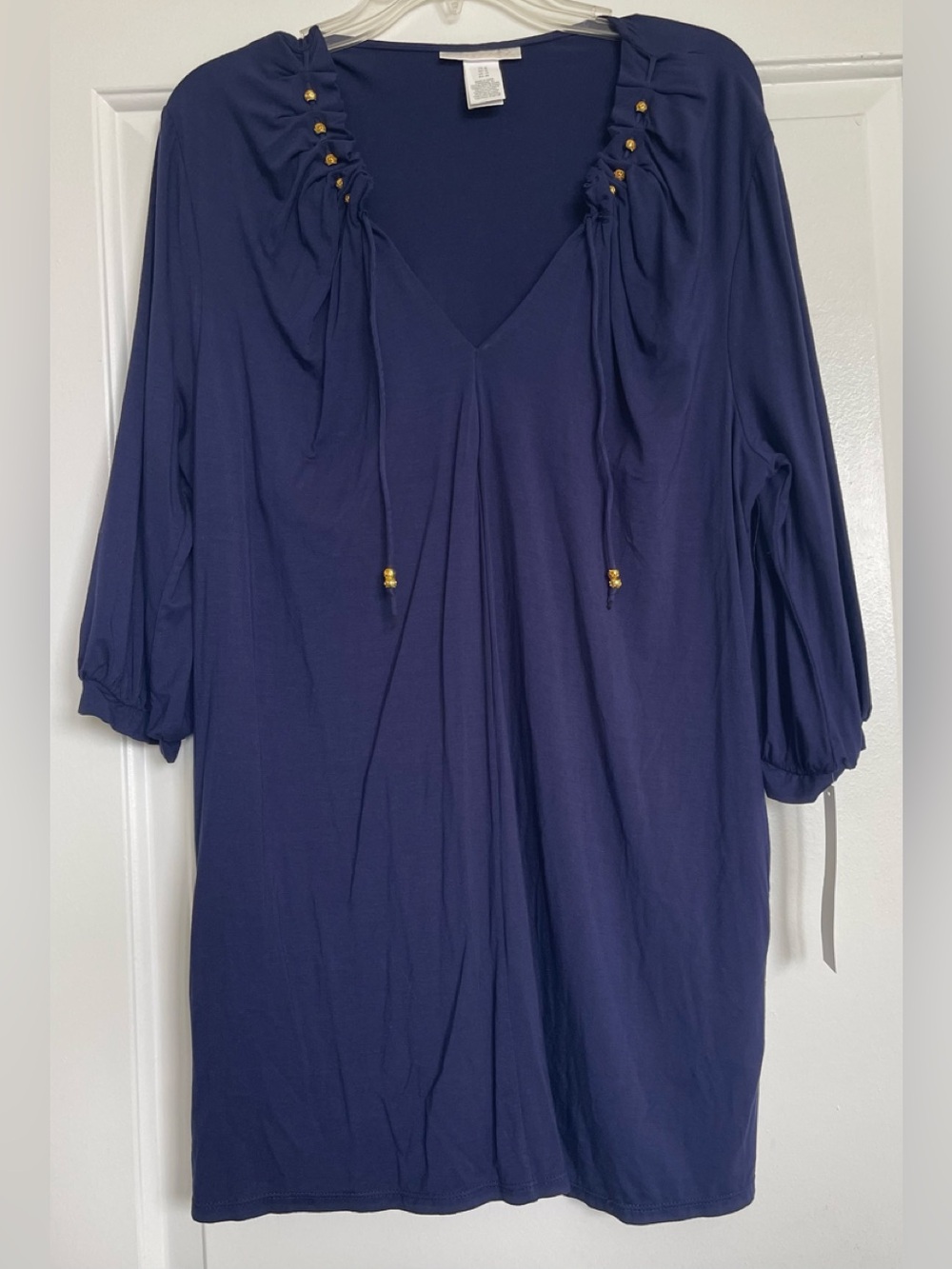 La Blanca Indigo Blue V-Neck Tunic with Drawstring Bead Detail